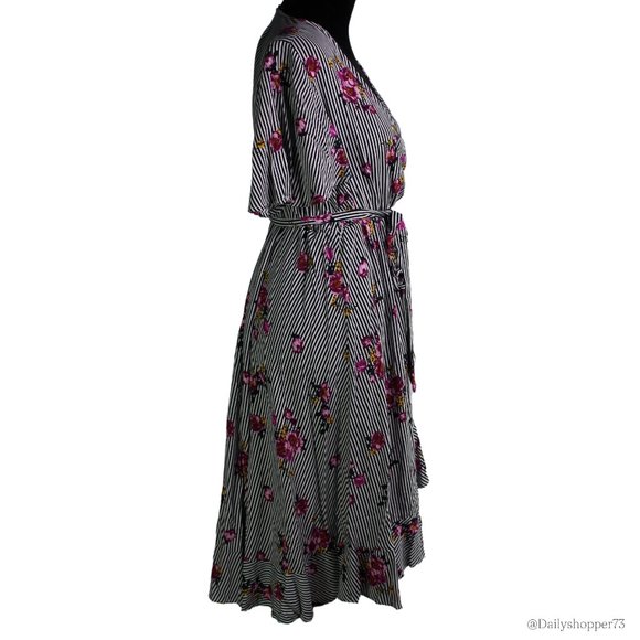 Torrid Women's Striped Floral Short Sleeve Faux Wrap Ruffle Hem Dress - Picture 5 of 8